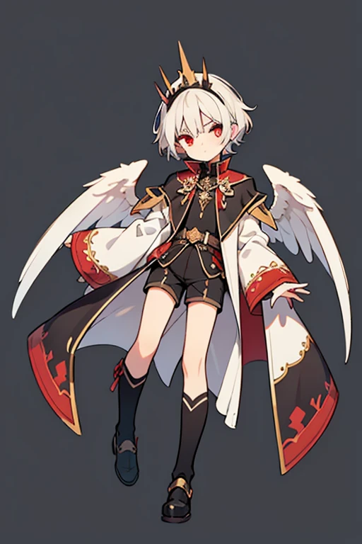 Simple, background, cel shading, cute style, fullbody.

1 boy, solo, , fantasy, short white hair, red eyes, demon tail,a pair of a black angel like wings, fantasy elegant black gold clothes with shorts and a robe and a little black crown, male, boy