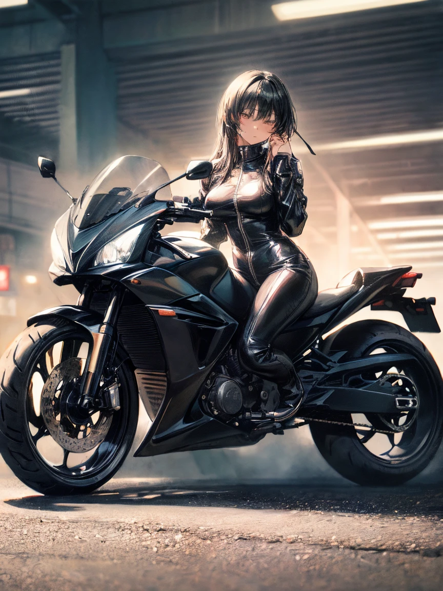 (masterpiece, highest quality:1.2)、(1 girl)、(rider)、(on motorcycle) ,(eyes half closed)、(lots of drool:1.2)、The body shakes violently、[:(detailed face:1.2):0.2], ,  black hair , big breasts , (The right hand is holding the right handle and the left hand is holding the left handle), (Driving a motorcycle), (Riding a motorcycle on the highway) , (catsuit)