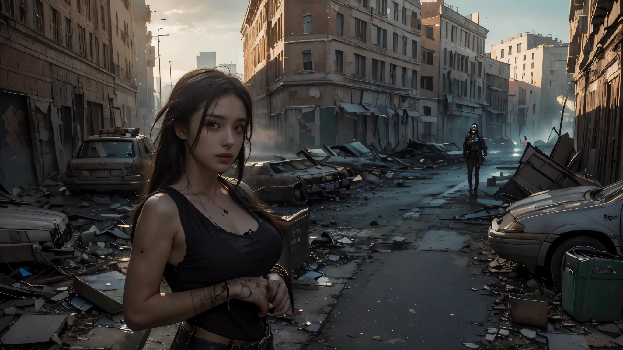 masterpiece, high resolution ,8K,(Portrait Photos:1.5),(R Original Photo),Reality,Digital Photography,(Apocalyptic ruins ),City ruins，beautiful 20 year old woman，sentry， post-apocalyptic scene， upper body photography ， broken clothes