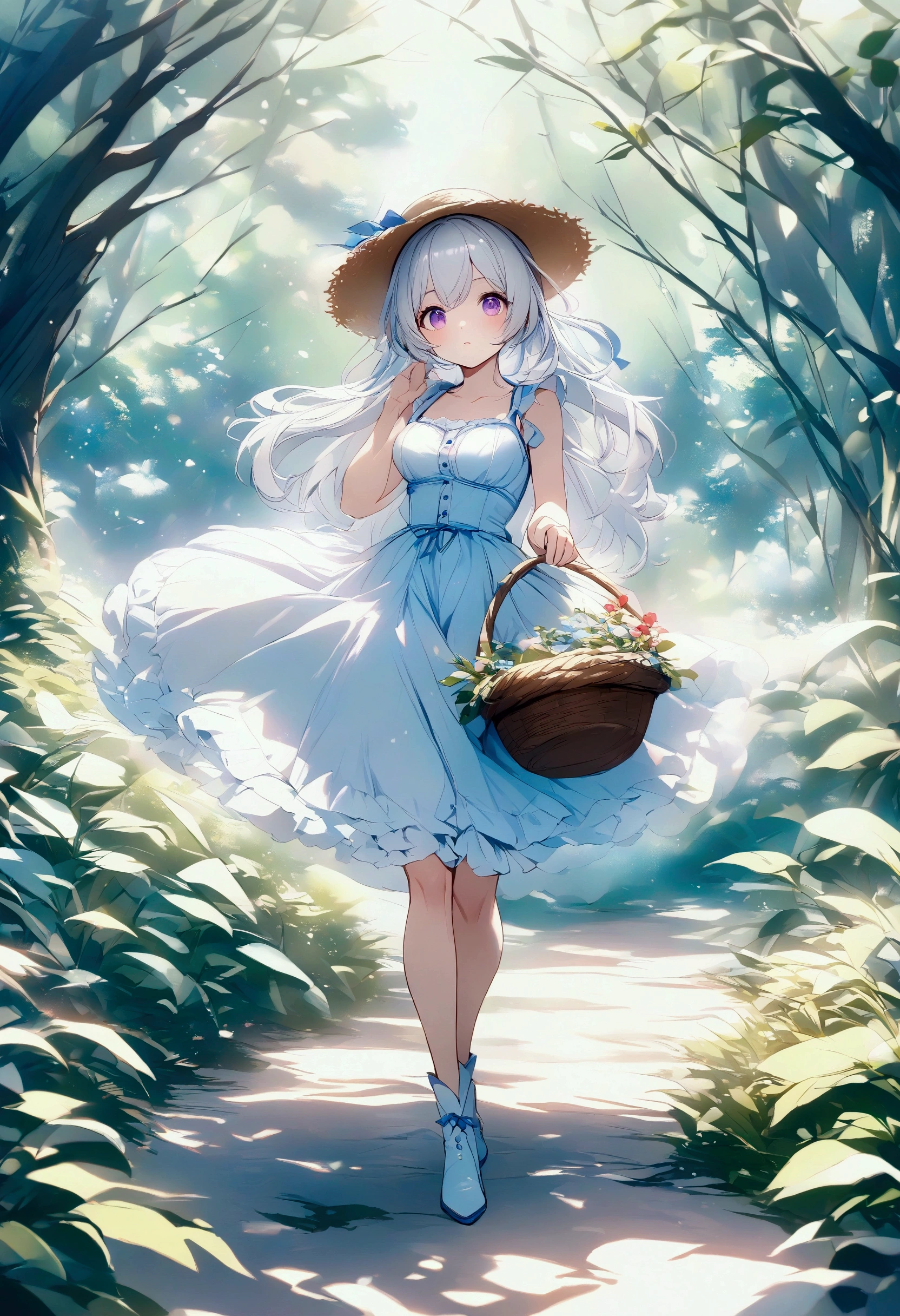 ultra detail, high resolution, ultra detailed, best quality, amazing, top quality, extremely detailed, 1girl, fairytale, adorable, young adult woman, medium breasts, tall, long legs, cute outfit, petticoat, light blue sundress, straw hat with blue ribbon, white hair, purple eyes, walking through a magical forest, carrying a basket, white low heeled boots