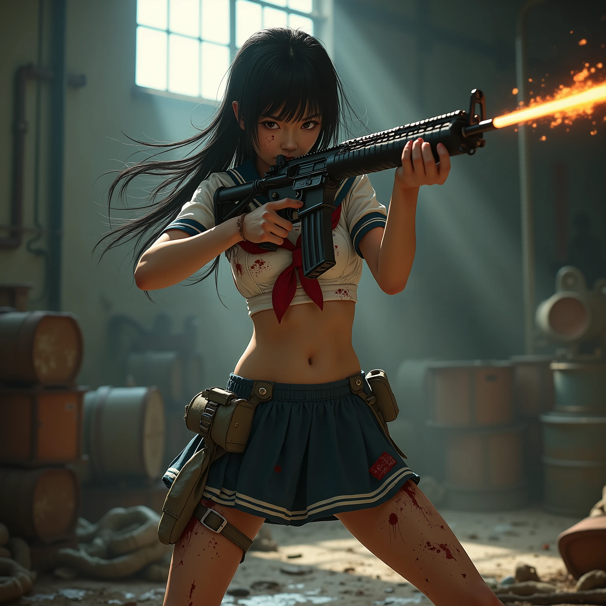 Browsing Caution:-2, Photorealistic, Highly realistic photos, Realistic, legs apart:1.21, Portrait of a Japanese woman with an assault rifle:1.21, Elegant appearance, Cool woman, Cute Japanese woman'顔:1.21, Beautiful Japanese woman face:1.21, (She is holding up an assault rifle:1.5), Female Sniper, With a Japanese sword on his back, There's a lot of blood on her body.:1.21, sexy, Confident face, (Above the knee shot.:1.21), (Realistic photos:1.4), (masterpiece, Highest quality:1.2), RAW Photos, 32K High Resolution, Intricate details,Very detailed, (Flat Chest:1.21), Gazing at the audience, Tight waist, Cute 顔, Light brown hair, (Bob Cut Hair:1.21), With drooping bangs, School uniforms, Sailor uniforms from famous Tokyo Metropolitan High Schools, Short sleeve clothing, Short-sleeved sailor uniform:1.21, sera fuku:1.21, The upper body is wearing a uniform:1.21, Micro Mini Skirt, Show me your belly:1.21, I can see her white panties:1.37, Knee-high fishnet stockings, Knee-high boots, Bust Top Float, Sharp eyebrows:1.37, Pink lipstick:0.95, Detailed face, Hostility, Pale skin:1.21, Fine skin, Glowing Skin:1.21,In the skyscraper district of Shinjuku, Tokyo, a conflict zone, On the streets of a wide city, Ballistic Flash, Soaring flames, Floating steam, Collapsed building, Smoke billowing, Flying sparks, Natural light illuminates her body.:1.37, Ray Tracing, Emotional, Dynamic and cinematic lighting,