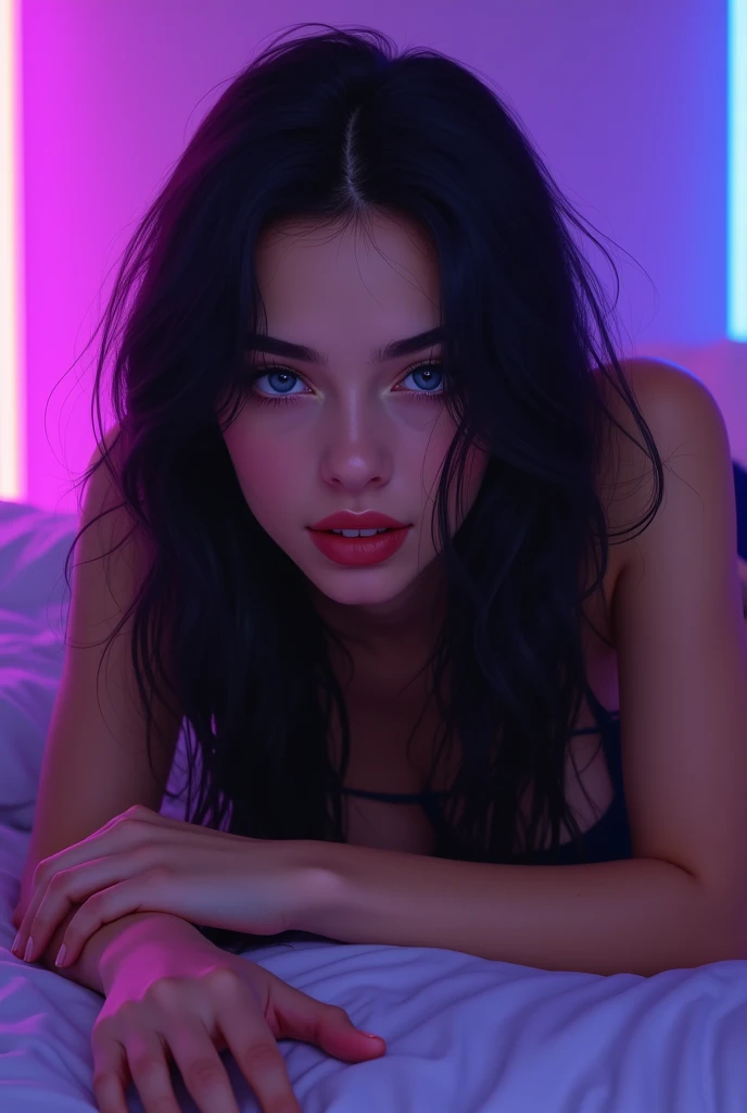 iranian woman, young, naked, very curly mullet, septum piercing, dimples, thick collar around neck, naughty expression, woman laying on floor, transparent shiny latex bodysuit, neon lights, close-up, UHD, retina, masterpiece, accurate, anatomically correct, textured skin, super detail, high details, high quality, award winning, best quality, highres