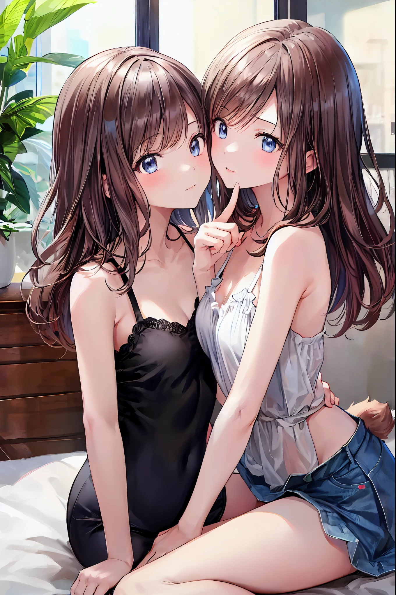(8k、 RAW photo、 best quality、 Masterpiece :1.2)、 anime style、 very detailed、 super high resolution、 2 girls、side, Written Boundary Depth, delicate eyes , Sharp nose line, fine skin、smooth、 perfect beauty、 small ass ,(( small breasts))、thin, French Kisses,((Natural Style)), brown hair, Shortcut, messy hair , Short Braided Hair ,Neat, slender beauty,Dignified posture, small breasts, beautiful legs with tails, Her Seductive Gray-Blue Eyes Shine Like Stars , vibrant colors, beautiful eyes ,A delicate smile,textured skin, best qualityを誇る, gentle and beautiful woman , brown hair、Truly beautiful、Beautiful profile, Perfect Style, black camisole,Western-style room, on the bed,Dim lighting, French Kisses,((Girls kissing)),((something similar to rape)) , my face turned red ,Girl surprised by sudden kiss,(( put your finger in your crotch)) ,Houseplants, big window,Sheets at your feet,lie down on the bed、anime scenery, make: anime artist studio , Background art beautiful anime, Stylish Room ,