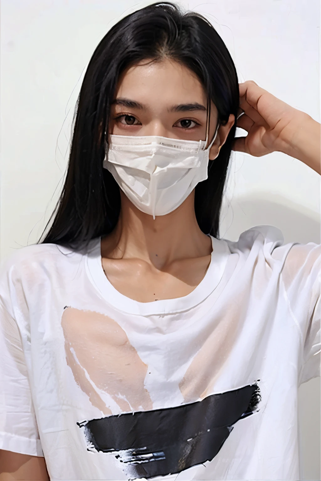 A 20-year-old young man , thin,  serious expression ,  is wearing a white shirt and a black face mask with straight hair.,  is looking sideways and  