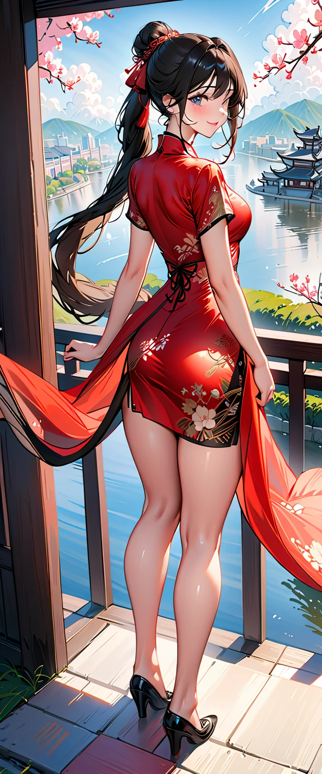 (best quality, 4k, 8k, highres, masterpiece:1.2), ultra-detailed, 1 woman, 20-year-old,city, (((Silk cheongsam))), open mouth smile((black hair)), blush, ((turn around and look back)), Reflecting the buttocks, curvaceous, very tight stockings, full body portrait, 2 long pony tails