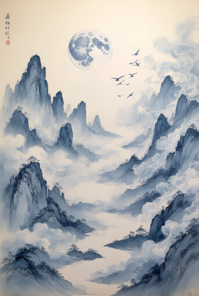  New Chinese painting - smoke on the moon , The picture is blue as the main theme , creates an ethereal landscape 。Rolling mountains, surrounded by clouds , depicts a group of mountains 、A profound feeling 。 You can see scattered groups of birds flying in the mountains, adds a dynamic element to this peaceful landscape 。 The overall style favors traditional Chinese ink painting , focuses on emotional expression rather than detail 。