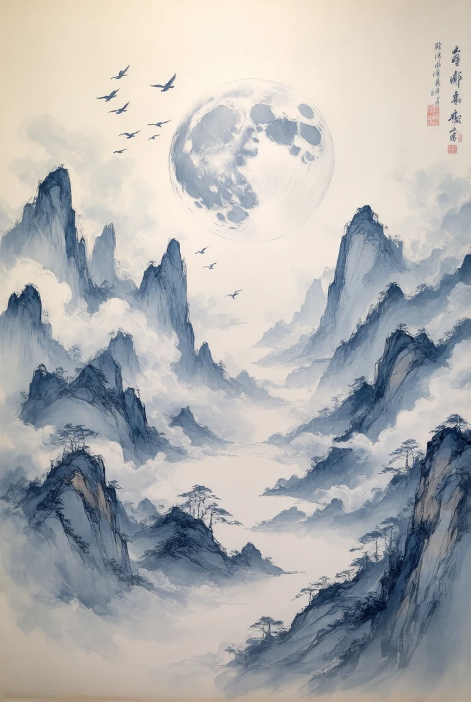  New Chinese painting - smoke on the moon , The picture is blue as the main theme , creates an ethereal landscape 。Rolling mountains, surrounded by clouds , depicts a group of mountains 、A profound feeling 。 You can see scattered groups of birds flying in the mountains, adds a dynamic element to this peaceful landscape 。 The overall style favors traditional Chinese ink painting , focuses on emotional expression rather than detail 。