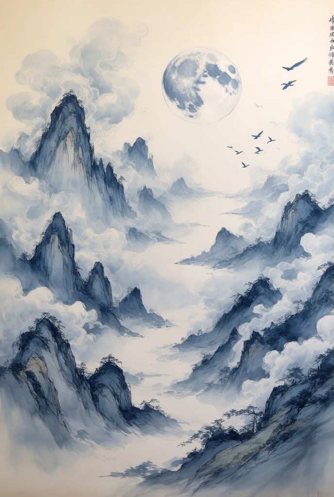  New Chinese painting - smoke on the moon , The picture is blue as the main theme , creates an ethereal landscape 。Rolling mountains, surrounded by clouds , depicts a group of mountains 、A profound feeling 。 You can see scattered groups of birds flying in the mountains, adds a dynamic element to this peaceful landscape 。 The overall style favors traditional Chinese ink painting , focuses on emotional expression rather than detail 。