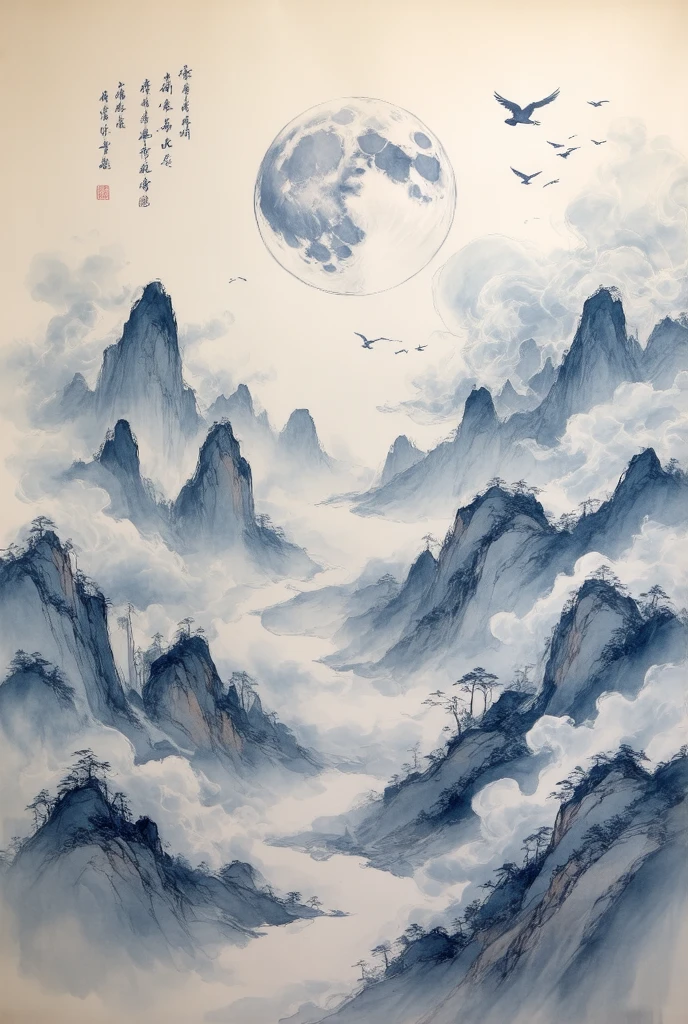  New Chinese painting - smoke on the moon , The picture is blue as the main theme , creates an ethereal landscape 。Rolling mountains, surrounded by clouds , depicts a group of mountains 、A profound feeling 。 You can see scattered groups of birds flying in the mountains, adds a dynamic element to this peaceful landscape 。 The overall style favors traditional Chinese ink painting , focuses on emotional expression rather than detail 。