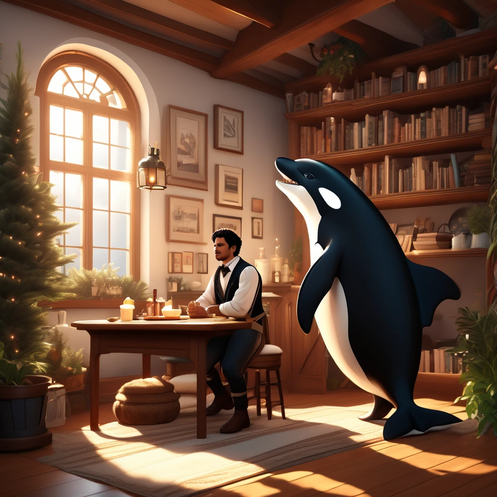 ((Solo Character)), Best Quality, Accurate, High Res, ((Accurate Anatomy)), Cozy House, Warm Atmosphere, Warm Lighting, ((Male Maid Orca))