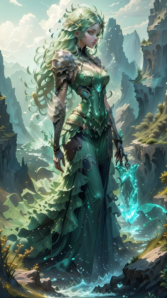 Woman in a green dress standing on a cliff overlooking the river, Goddess of Nature, Queen of Nature ,   beautiful fantasy art  , very   beautiful fantasy art  , 4k fantasy art,  Detailed Fantasy Art , Goddess of Nature,  detailed fantasy digital art ,  Beautiful Fantasy Maiden ,   Breathtaking Fantasy Art  ,  Fantasy Style Art , highly  Detailed Fantasy Art ,  Beautiful fantasy paintings ,  fantasy art style 