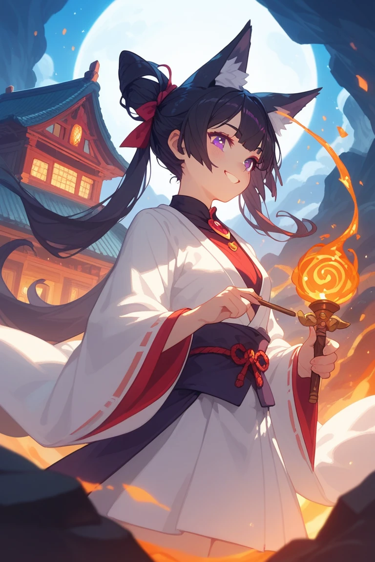  A female kitsune, wearing a white Kimono and a long light pink elegant Apprentice magician's tunic with small gold details on top of the kimono, a kind smile, with black hair and dull purple eyes. Holding a rustic, dark wooden wand. Standing in front of an old Japanese castle with a school aesthetic. With a volcano in the background which has a small, calm lava flow. Soft anime style. 