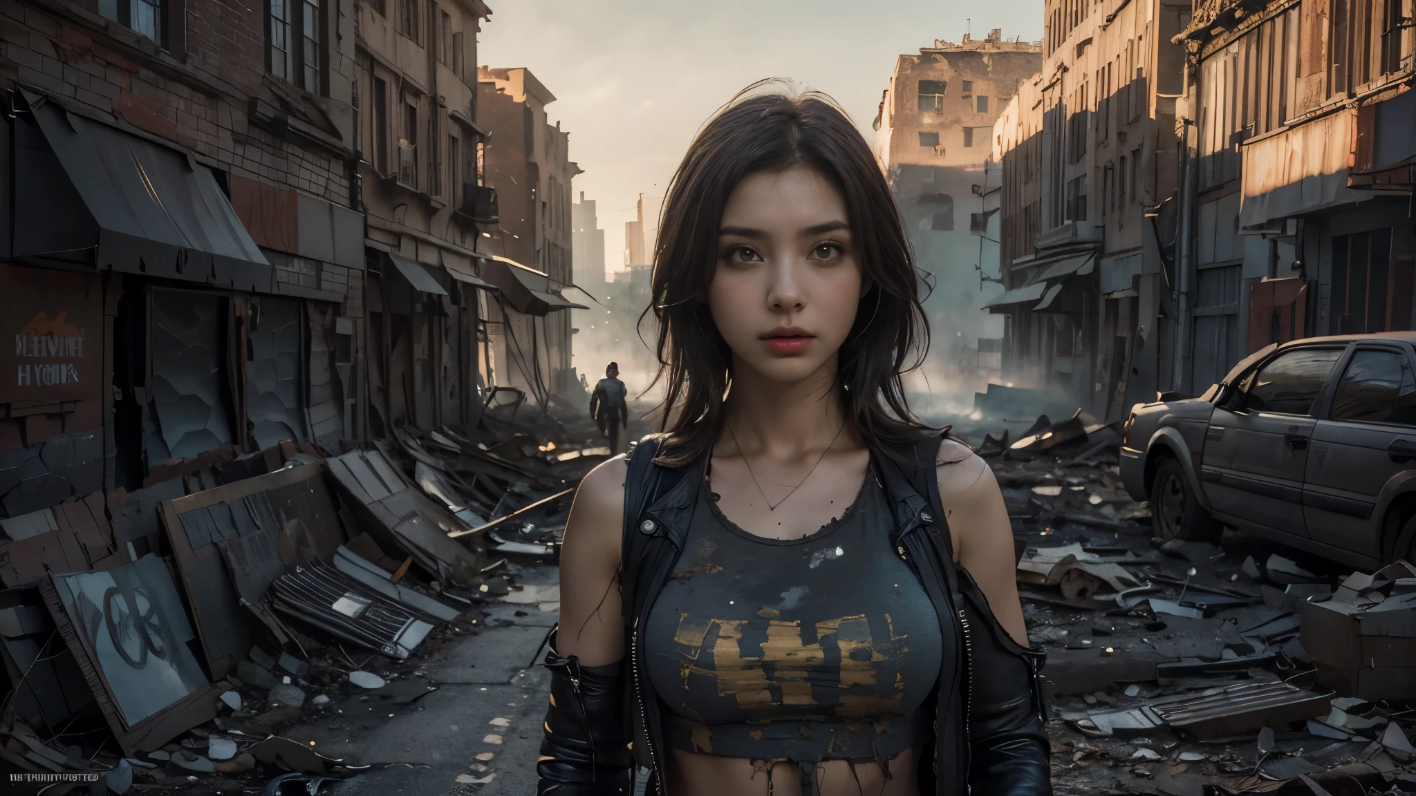 masterpiece, high resolution ,8K,(Portrait Photos:1.5),(R Original Photo),Reality,Digital Photography,(Apocalyptic ruins ),City ruins,beautiful 20 year old woman,sentry, post-apocalyptic scene, upper body photography , broken clothes