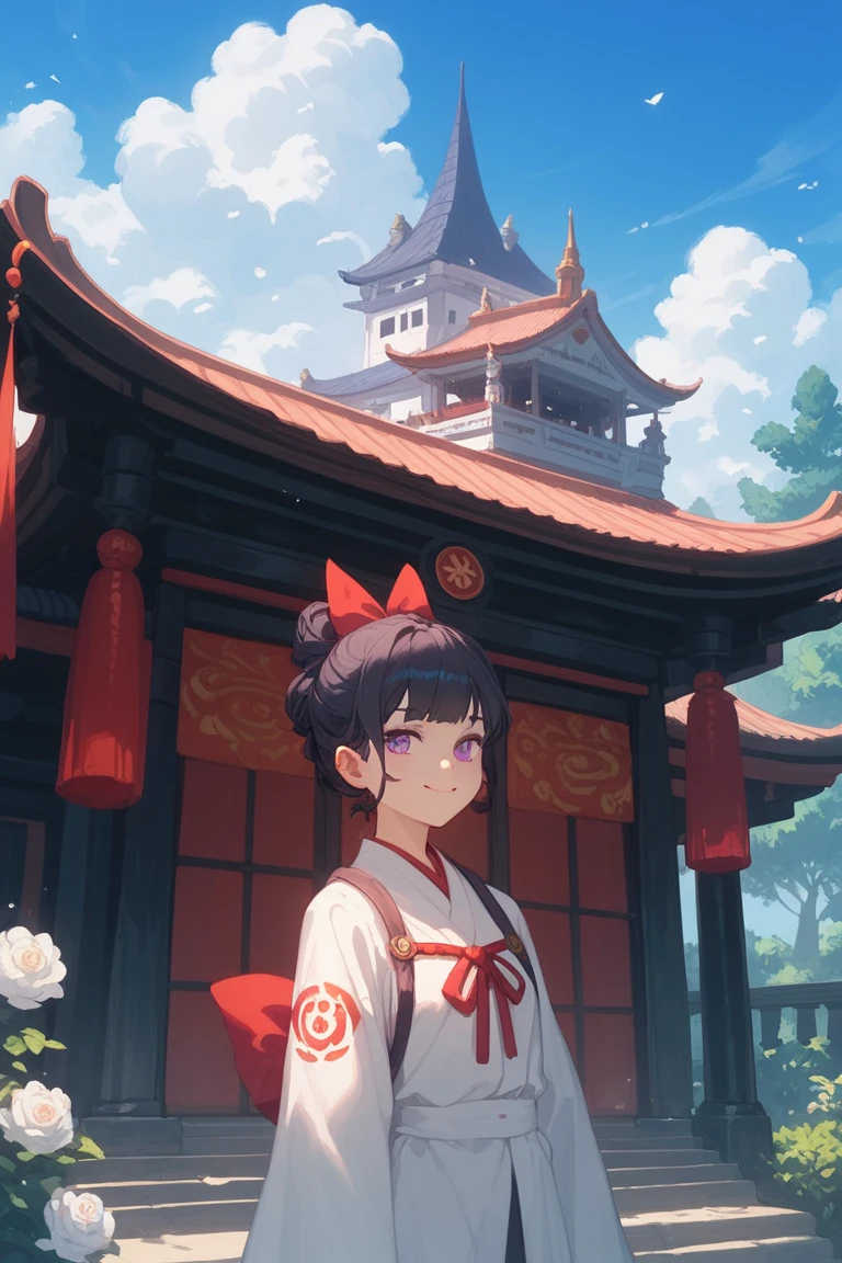  A female kitsune, wearing a white Kimono and a long light pink elegant Apprentice magician's tunic with small gold details on top of the kimono, a kind smile, with black hair and dull purple eyes. Holding a rustic, dark wooden wand. Standing in front of an old Japanese castle with a school aesthetic. With a volcano in the background which has a small, calm lava flow. Soft anime style. 