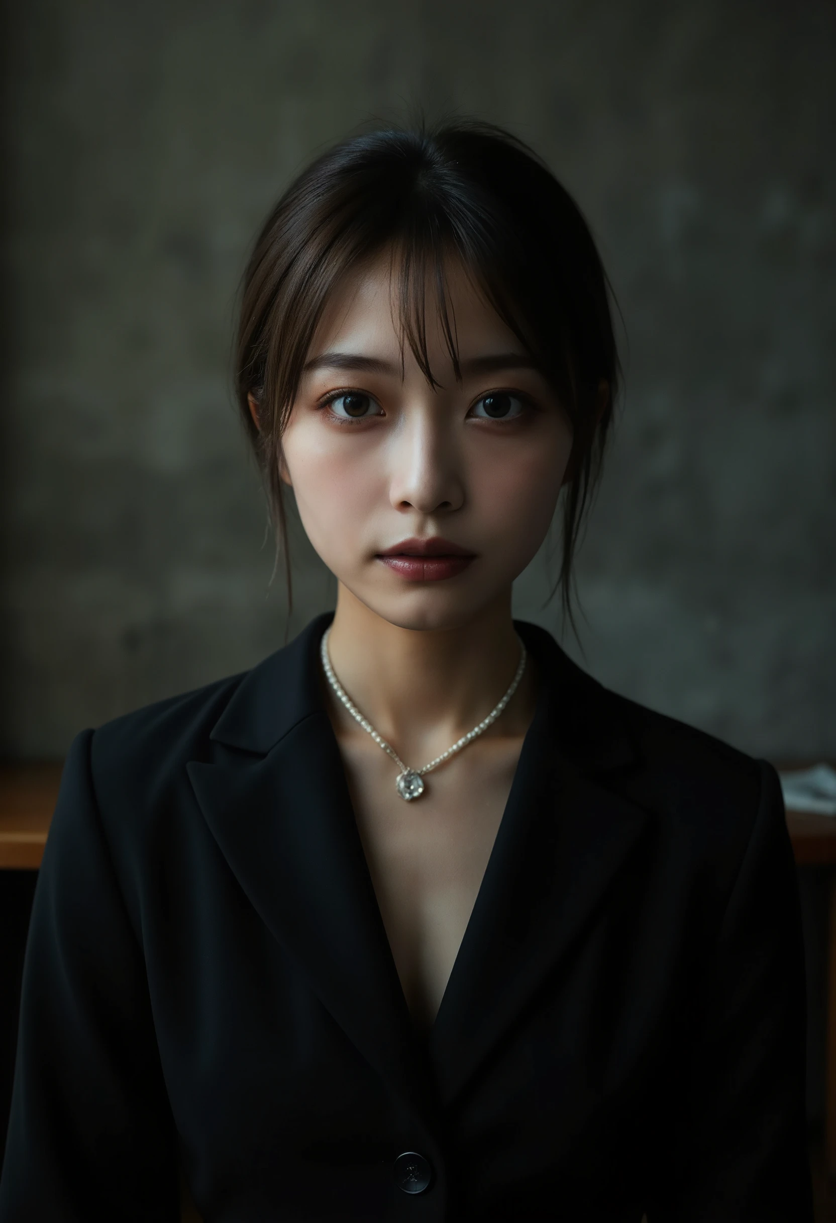 Highest quality, Super detailed, Superior Quality, Front View:1.331,  Profile Picture ,  grainy film photography :1.331, Dark photos with low light ,  Documentary Photo , Real RAW photo ,  Beautiful thai Woman :1.331,  Dramatic Scene,  famous beautiful Japanese idol , Fine skin,  anatomically correct proportions :1.331,  small head :1.331, Slender body:1.331,  Thin Waist:1.331, Thin limbs:1.331,  flat chest:1.331, Mourning clothes, (Black Formal Suit:1.331),  pearl necklace , lamenting face , Feeling of loss after losing a loved one , Brown Hair,  chignon hair:1.21, Symmetrical eyes,  Extremely Detailed Clear Eyes ,  hang your bangs for a long time, The background is in a dark room , in front of a concrete wall:1.331, masterpiece:1.05, 32k UHD resolution,  best quality, Perfect composition, Proper placement, Even distribution, night lighting,  professional photography,