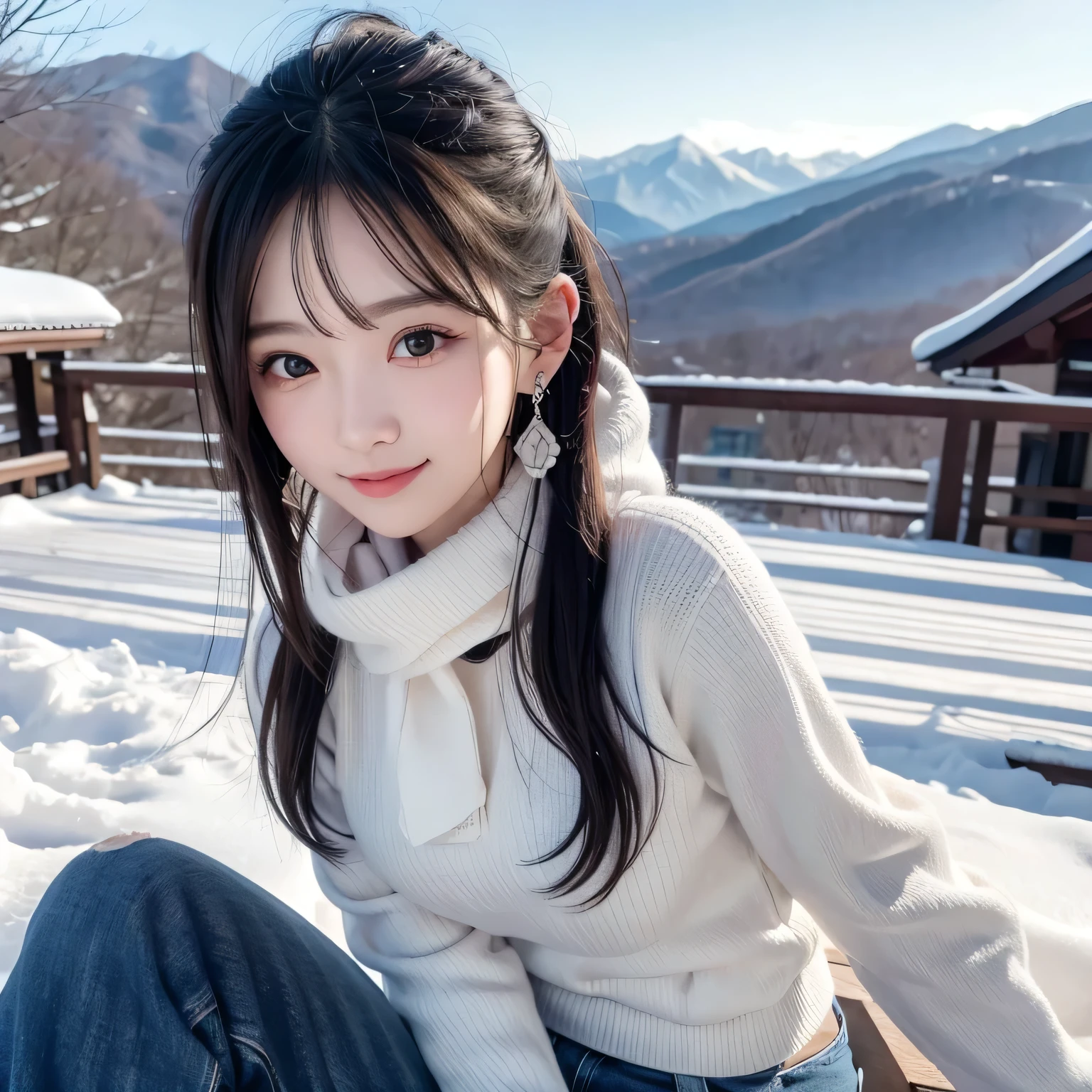 (one very cute face like an idol),,Looks like a young face、20-year-old female、Gentle and cute、、whole body、RAW Photos、Genuine、Artistic、(High level of artistry)、High quality that is indistinguishable from real life、realism、Real Stick、High resolution、masterpiece,,, , (highlighting cheerful expression), belly slightly exposed,, medium breast, (hakkoda mountain), (wearing snow mini outtfit), ,black scarf on neck , earring, japanese hair, black denim pants, winter, smiling, pretty bang
