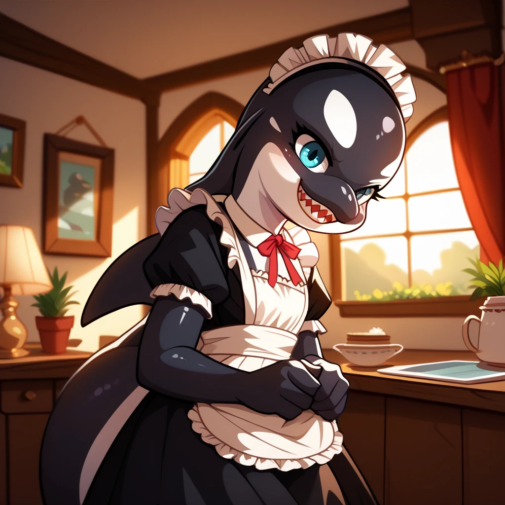 ((Solo Character)), Best Quality, Accurate, High Res, ((Accurate Anatomy)), Cozy House, Warm Atmosphere, Warm Lighting, ((Male Maid Orca))