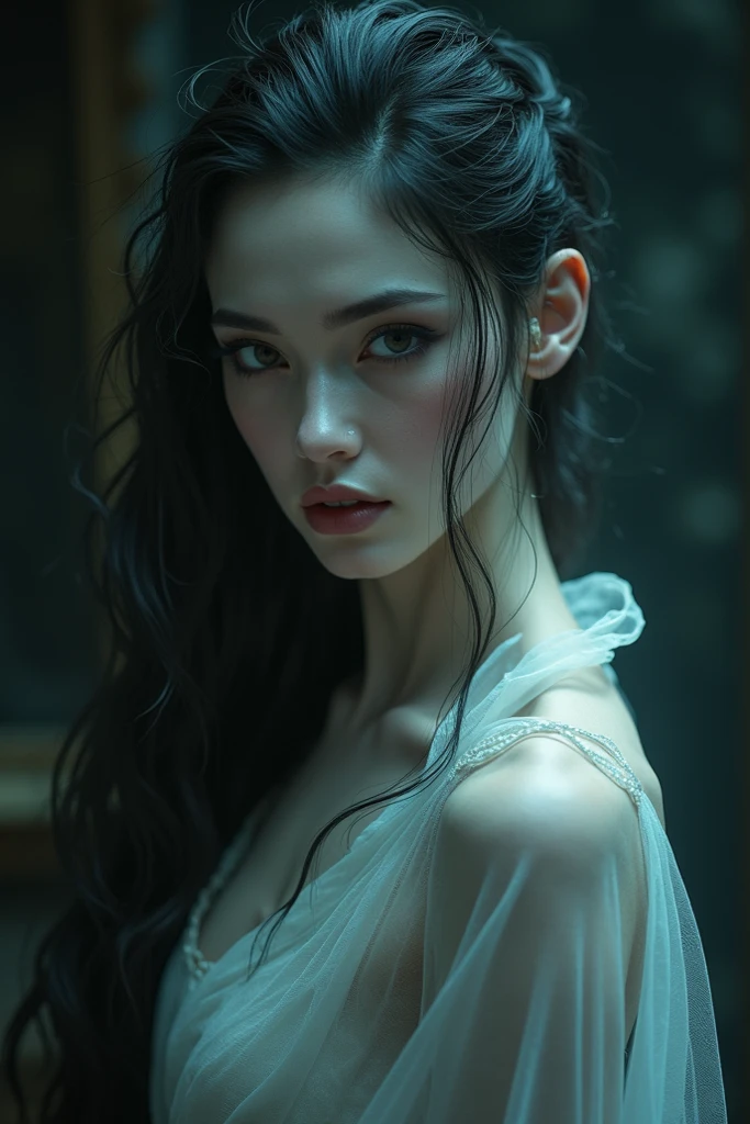 A goddess of death, beautiful and delicate, features innocent and soft. Long coal-black hair and skin as pale as snow. So beautiful you would die for her. Wearing a beautiful iridescent black dress like she was a queen, perfect composition, beautiful detailed intricate insanely detailed octane render trending on artstation, 8 k artistic photography, photorealistic concept art, soft natural volumetric cinematic perfect light, chiaroscuro, award - winning photograph, masterpiece, oil on canvas, raphael, caravaggio, greg rutkowski, beeple, beksinski, giger