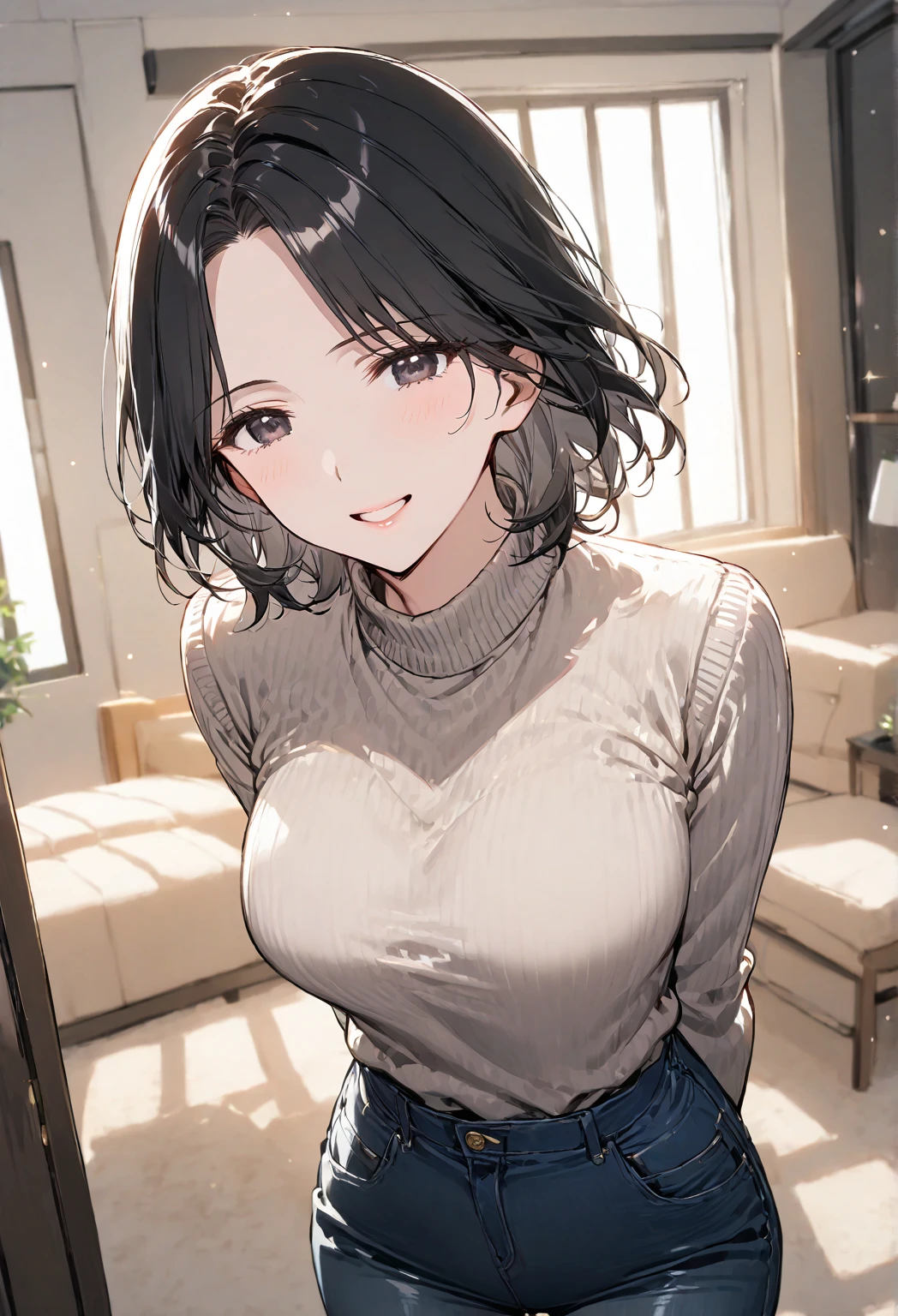 ((solo)), ((1 girl)), ((mature woman), motherly warmth, happy expression, soft, warm look, looking at the viewer, black hair, short hair, parted bangs, black eyes, (modest body shape), shiny skin, glossy skin, sweater, jeans pant, indoor, standing, arms are behind her back, UN\(EOE\)