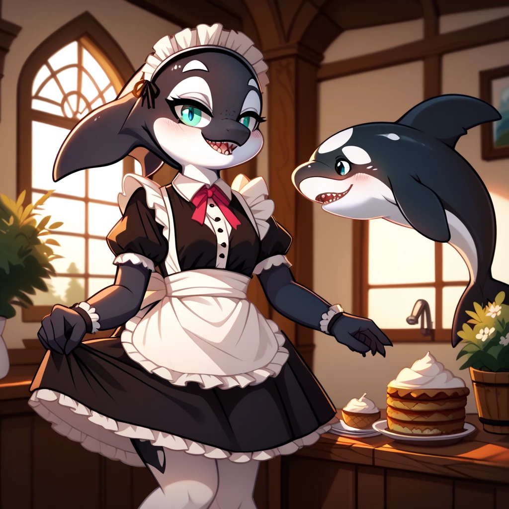 ((Solo Character)), Best Quality, Accurate, High Res, ((Accurate Anatomy)), Cozy House, Warm Atmosphere, Warm Lighting, ((Male Maid Orca)), Fully White Eyes, Grinning