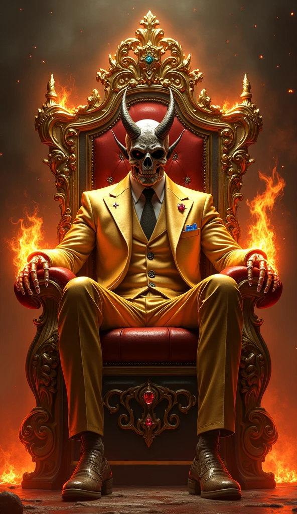 ((chef-d'best quality work)),Un homme, head a skull on fire, sitting on a throne represents a demonic castle,vêtements pantalons sociaux chemise sociale --auto --s2