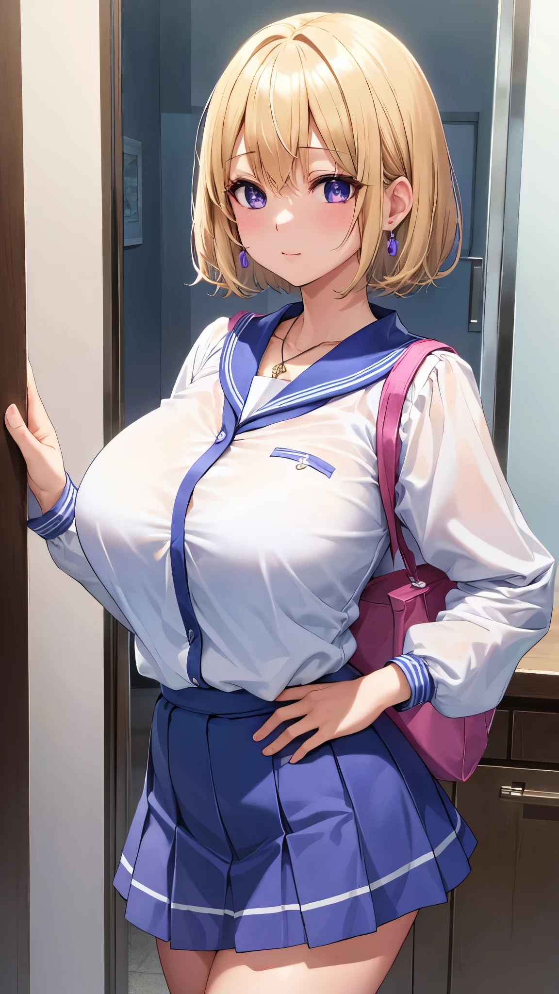 Umino Yuki 、 masterpiece ,  best quality、  best quality,(8k resolution),Beauty、(  looks like an adult), （  Sexy Perfect Style  ）、( Big Breasts )、  blonde bob cut、(White and blue sailor suit)、(  blue skirt)、(( Bring your chest closer ))、  purple eyes、 purple earrings 、Purple Necklace