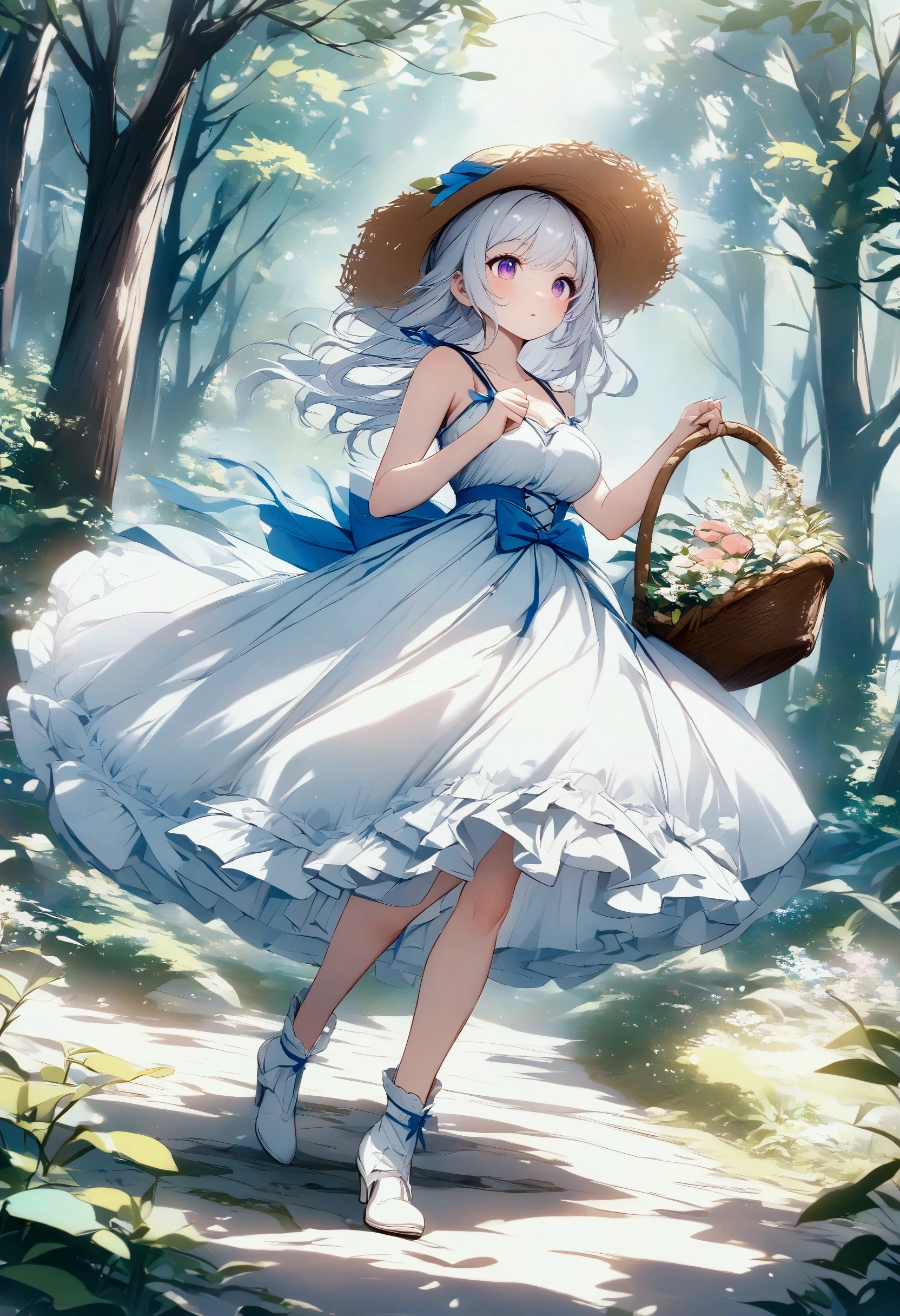 ultra detail, high resolution, ultra detailed, best quality, amazing, top quality, extremely detailed, 1girl, fairytale, adorable, young adult woman, medium breasts, tall, long legs, cute outfit, petticoat, light blue sundress, straw hat with blue ribbon, white hair, purple eyes, walking through a magical forest, carrying a basket, white low heeled boots