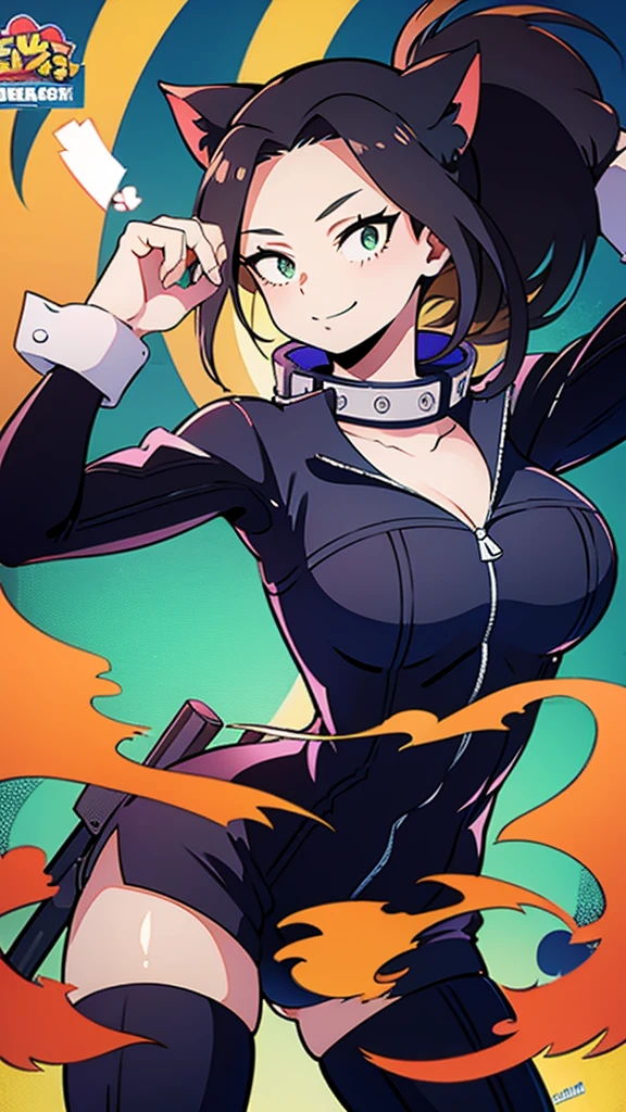 busty, sexy, cat girl, anime, smirk, female, long black hair, black body suit, cat ears, cat tail, lime green eyes, best quality, 4K, My Hero Academia, Boku no Hero, bend over, relaxed, 1 girl, tool belt