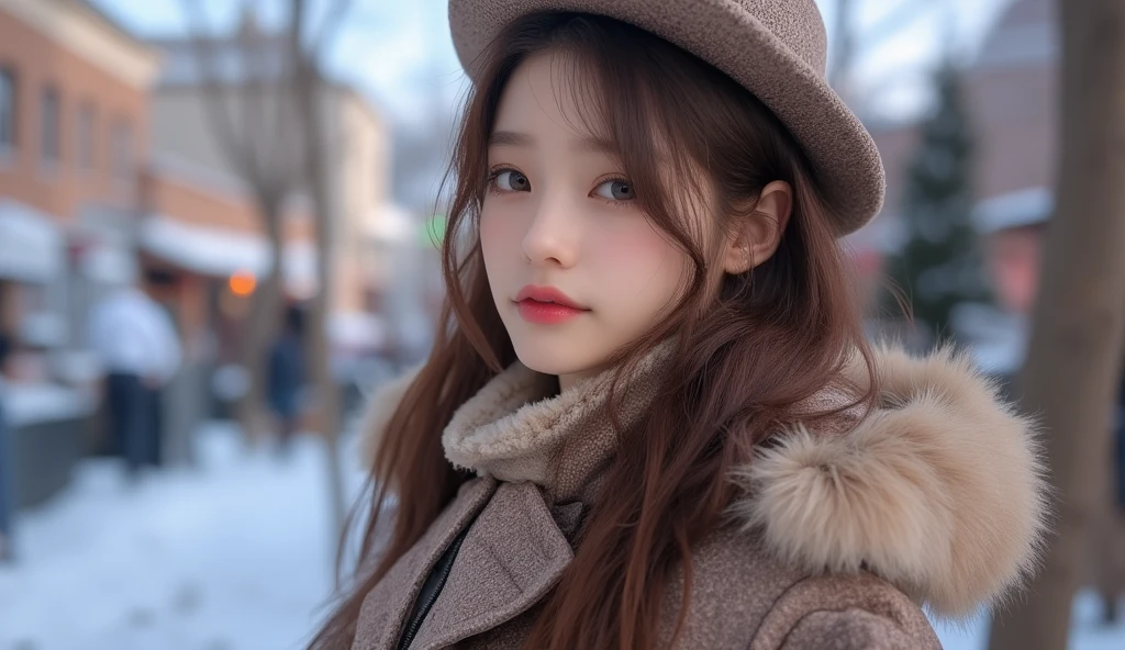 (masterpiece, Best picture quality, 8k),  real photo ,Idol appearance,winter, city streets,Clear day ,adult,  perfection of fashion,  Korean makeup, Lip Tint,whole body, frontal,A faint smile,Outdoor, Exquisitely Painted , Realistic,  ultra high definition , ultra high definition ,  smooth skin,  The highly detailed , High quality,  high detail,  high resolution,  out of focus background, pictorial, Standup,  out of focus background,I'm wearing a coat ,female,winter, cowboy shot from bellow,Celebrity