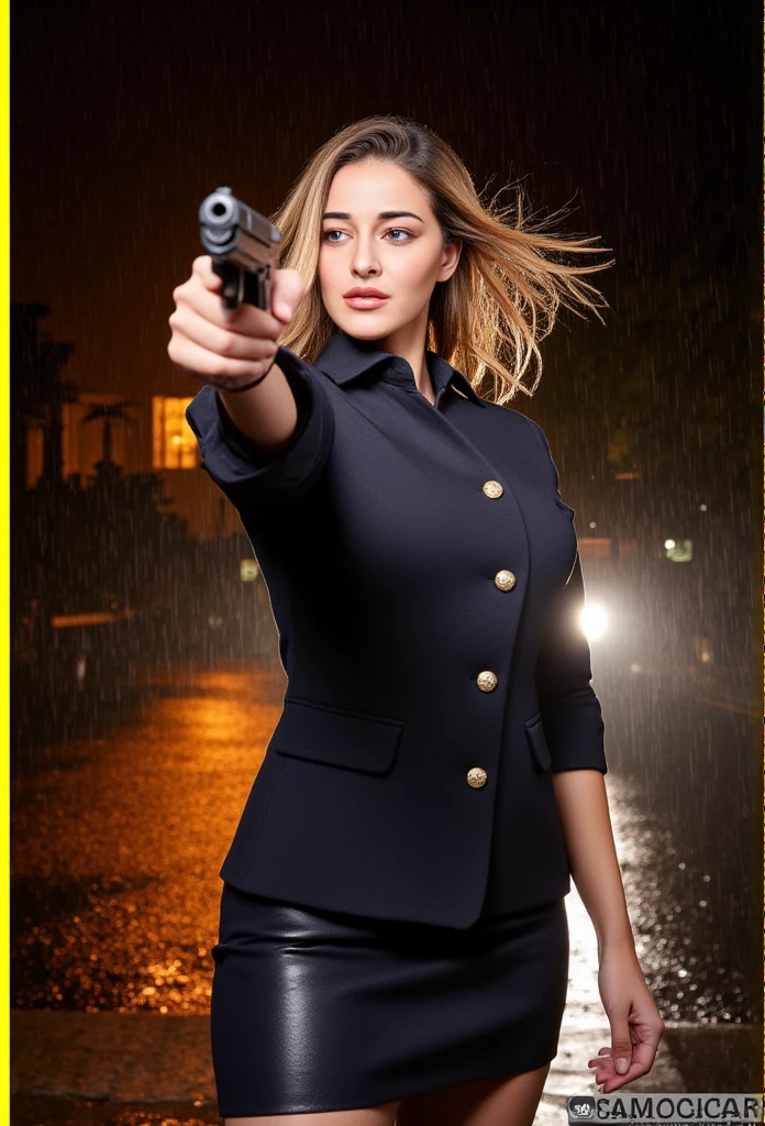 1 Female,Beauty、Super beautiful、Facial beauty、blue eyes、Standing, indian Police Uniform、mini skirt、Golden Hair、Night Street、Backlight、The wind is blowing、it&#39;s raining、He is looking intently at the barrel of the gun.、Thigh-up shot、pointing pistol, nude