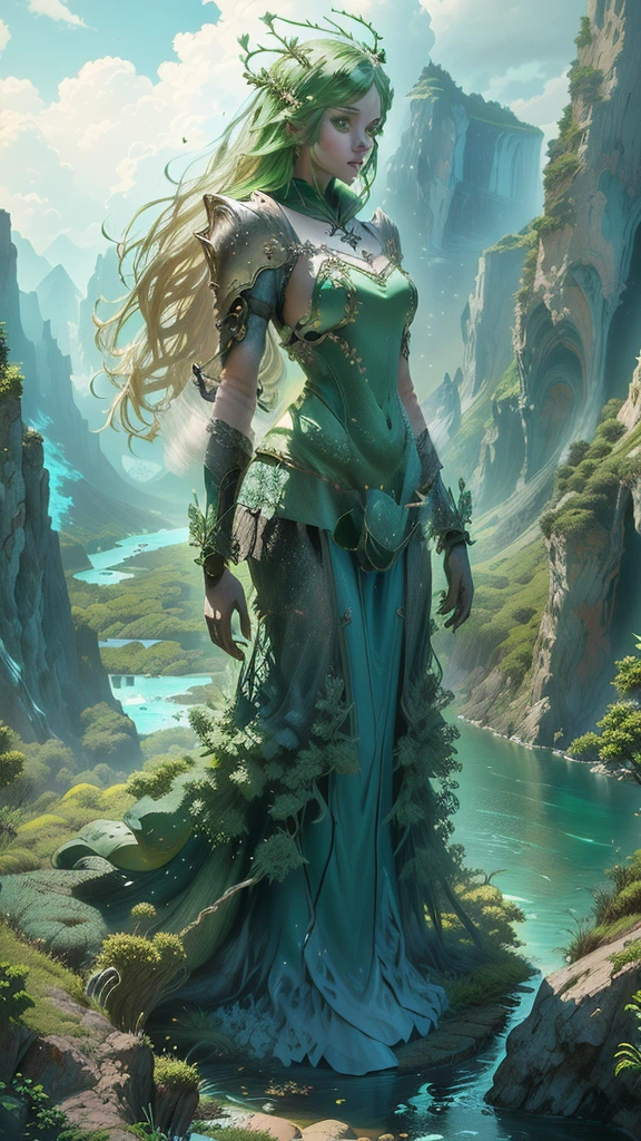 Woman in a green dress standing on a cliff overlooking the river, Goddess of Nature, Queen of Nature ,   beautiful fantasy art  , very   beautiful fantasy art  , 4k fantasy art,  Detailed Fantasy Art , Goddess of Nature,  detailed fantasy digital art ,  Beautiful Fantasy Maiden ,   Breathtaking Fantasy Art  ,  Fantasy Style Art , highly  Detailed Fantasy Art ,  Beautiful fantasy paintings ,  fantasy art style 