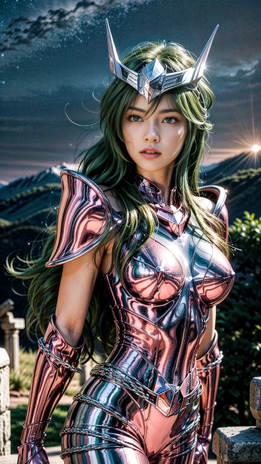 masterpiece, best quality, 超high resolution, Lifelike skin texture, armature, lifelike, high resolution, original photo, shiny skin, Lifelike skin texture, best lighting, spark, dramatic lighting, dynamic poses, starry sky background, blue sky, universe, 1 girl, balanced eyes, Andromeda Shun, pink armor, chest, split, Green hair, Pink helmet, blue eyes, looking at the audience, huge boobs, faint smile, chain, athena temple, 