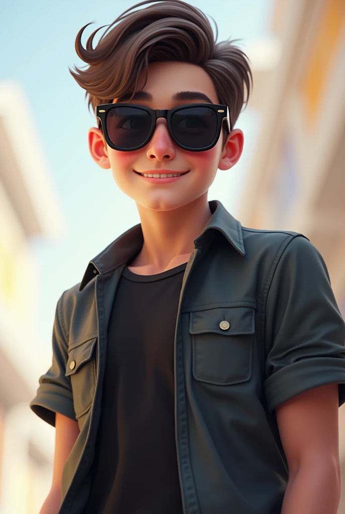 A tan boy with wavy hair wearing sunglasses