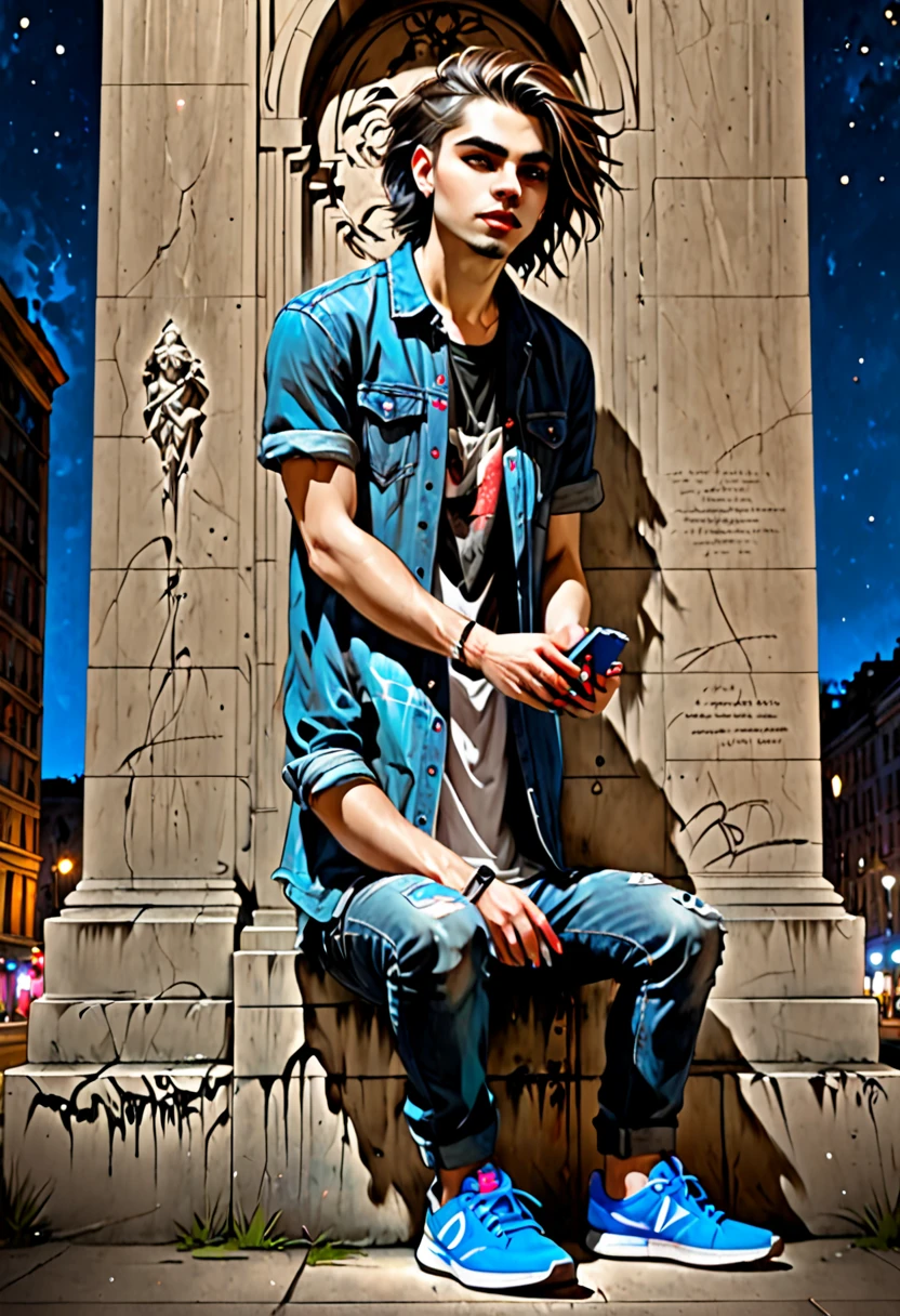 realistic, Charlie Bowater style, vampire, man in simple shirt and jeans, manicured nails, young, night in front of a monument, agile, ((spray can)), (graffiti), dreadlocks, blue sneakers, Jens with cracks, leans cool on the statue, detailed person, punk, fang