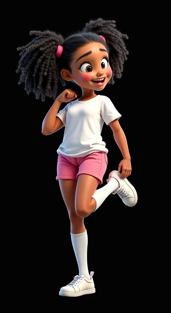 Inspired by the characters, posters and 3D movies from Disney Pixar create the image of a girl wearing a white t-shirt, very short pink shorts, white socks up to her knees, white sneakers. She has curly black hair tied in two ponytails. She has light brown skin. She is beautiful and sensual. She does a dance step where she puts her hand on one of her feet. The background is all black for cutting in png.