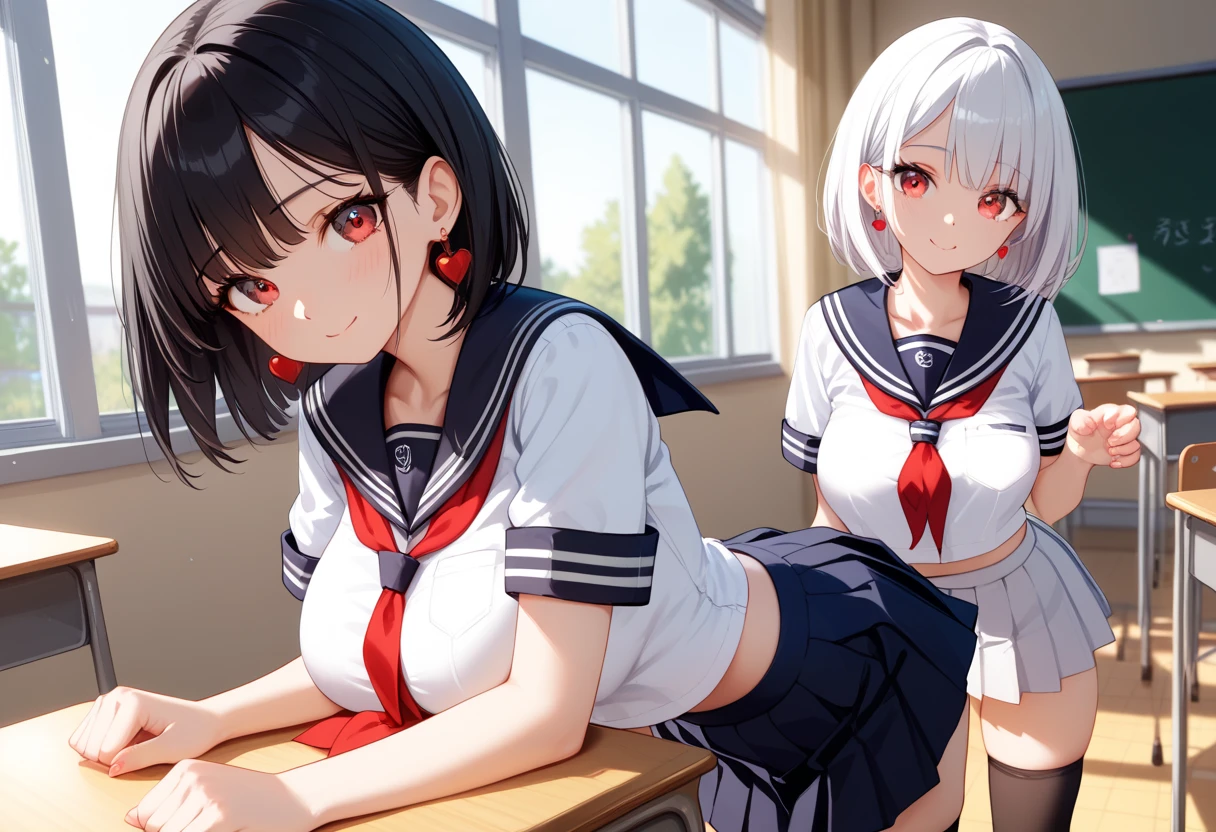 (best quality, 8k, 32k, masterpiece, UHD:1.2), highres, sharp focus, detailed outfit, beautiful detailed hair, delicate details, 
(2girls, multiple girls:1.2), (1girl, black hair, long hair, bangs, red eyes, red earrings, large breasts, thigh highs, sailor, school uniform, white shirt, short sleeves, pleated skirt, white skirt:1.1), (1girl, white hair, short hair, bangs, red eyes, red earrings, large breasts, thigh highs, sailor, school uniform, black shirt, short sleeves, pleated skirt, black skirt:1.1), 
cute, shy, light smile, indoors, school, classroom, desks, chairs, 
looking at viewer, huddling together, from side, dynamic pose, dynamic angle, nice hands, perfect hands, 