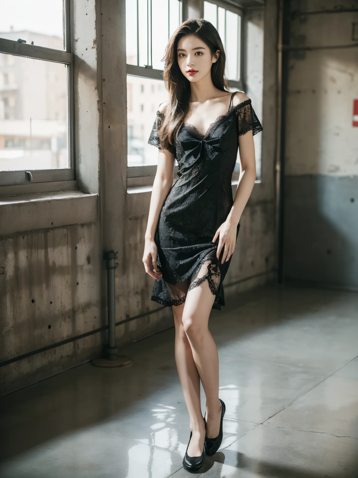 (1girl, full body:1.4), Beautiful Korean woman, K-pop idol, (Cute Loose Bob hairstyle), (wearing a black wedding dress:1.4), (small breasts), symmetrical eyes, (aegyo sal:1), (eyelashes:1.1), (photorealistic:1.4), 8k, ultra highres, hyperrealism, (dramatic lighting), photography, beautifully detailed face, beautiful detailed eyes, (masterpiece), High detail color photo, a professional photo, (realistic, photorealism:1.5), (highest quality), (best shadow), ultra-high resolution, physics-based rendering, photo, realism, high contrast, 8k HD high definition detailed realistic, detailed, best quality, Nikon d850 film, cinestill 800