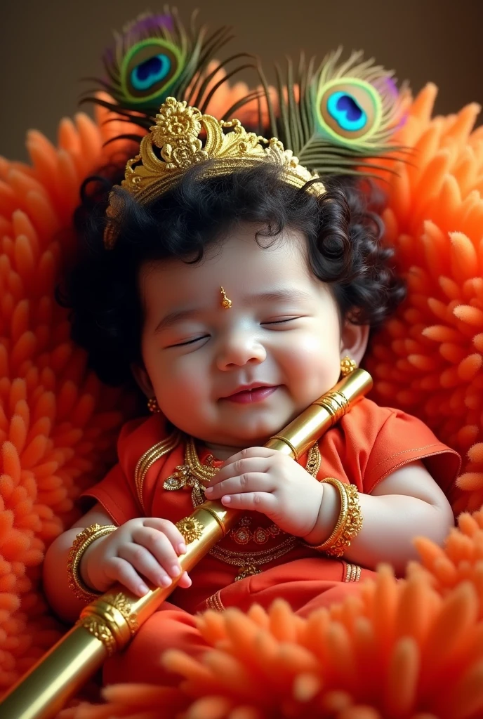 Baby lord Krishna wearing real diamond jewellery on a light turquoise background
