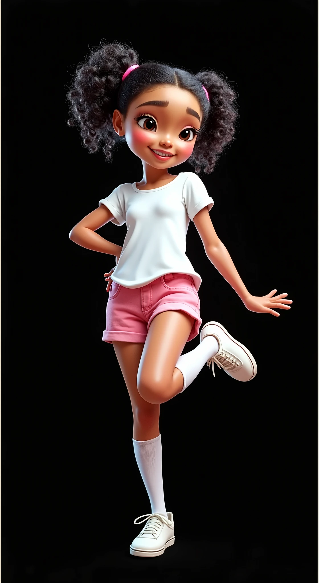 Inspired by the characters, posters and 3D movies from Disney Pixar create the image of a girl wearing a white t-shirt, very short pink shorts, white socks up to her knees, white sneakers. She has curly black hair tied in two ponytails. She has light brown skin. She is beautiful and sensual. She does a dance step where she puts her hand on one of her feet. The background is all black for cutting in png.