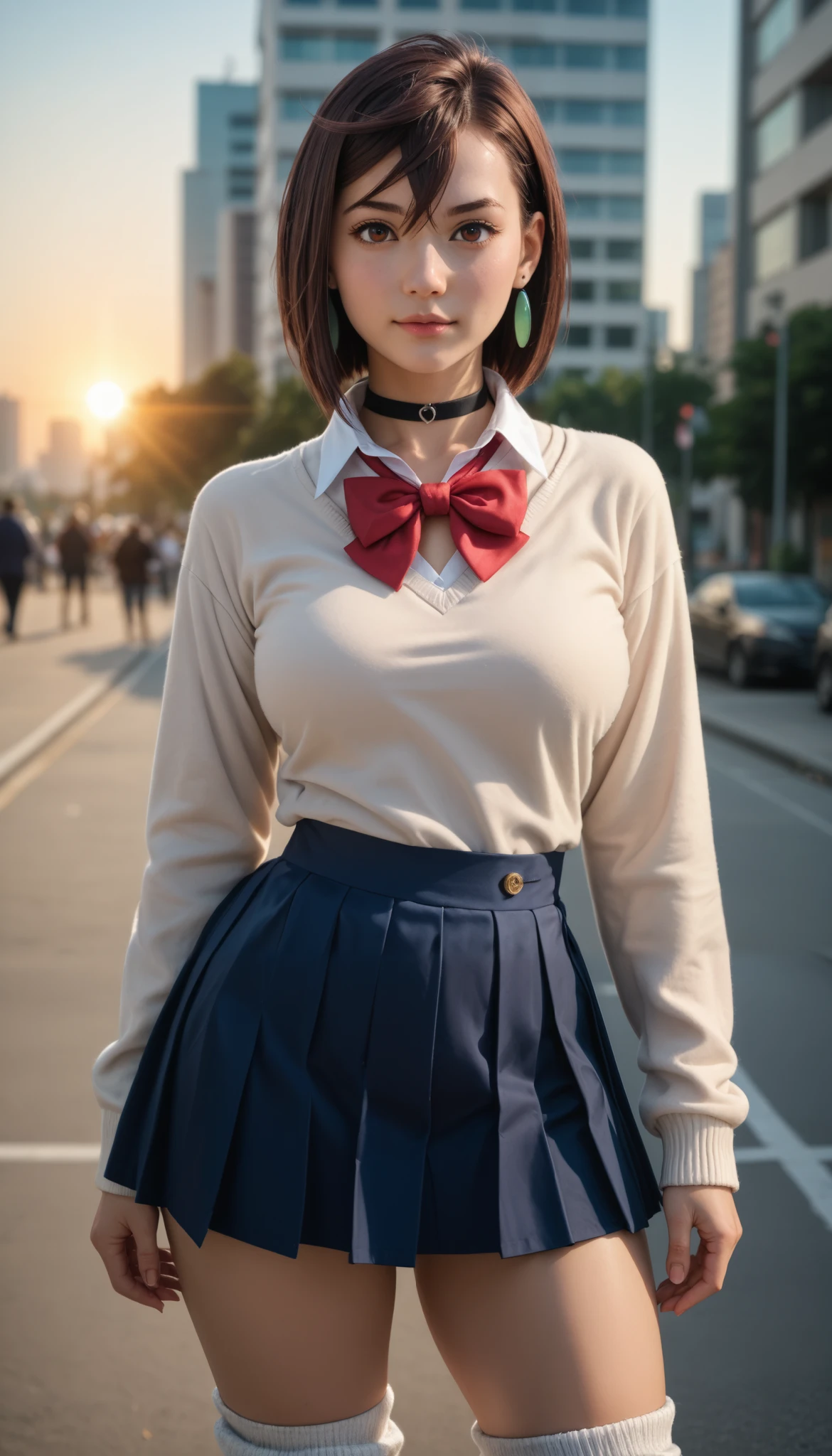 score_9, score_8_up, score_7_up, Photorealistic, (Cowboy shot photo), Stable_Yogis_PDXL_Positives, (Momo Ayase), momo ayase, brown hair, short hair, hair between eyes, asymmetrical bangs, brown eyes, green earrings, black choker, school uniform, white collared shirt, pink sweater, long sleeves, red bowtie, blue skirt, miniskirt, white socks, loose socks, brown footwear, large breasts, narrow waist, wide hips, thighs, cute face, beautiful girl, detailed face, revealing, (high detail outdoors, city, sunset), best quality, ultra high res, Raw photo, Nikon D850, backlight, rimlight, bright sunlight, (depth of field), (dynamic angle), (fine textures details), (realistic:1.4), (realistic skin:1.4), (sharp), (artistic photo), (analog film grain), school background