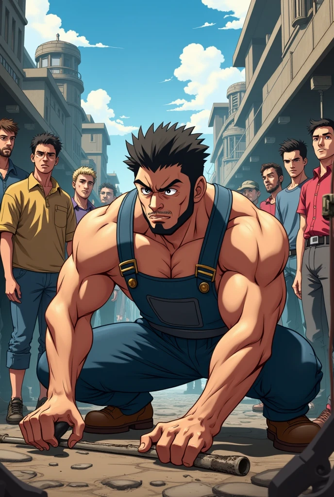A man doing work consistency. And other people around him are looking. Anime pic look realistic