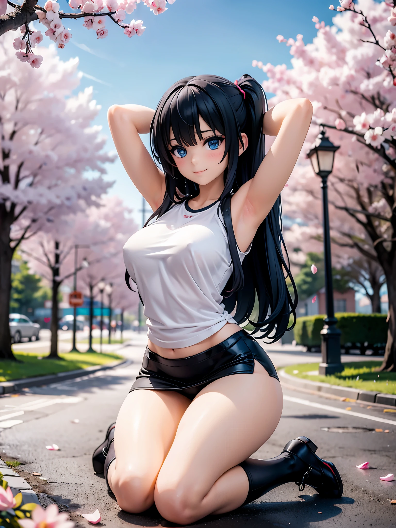 best quality,1girl,((big breasts:1.3)),((((ite,10 ittle girl:1.5urvy,orgasm,blush,blue eyes,((black hair,long hair,two side up:1.1)),((white tank top,black skirt,mini skirt,lift skirt,upskirt,white panties,black thighhighs:1.1)),((walking1.3)),see through,garden