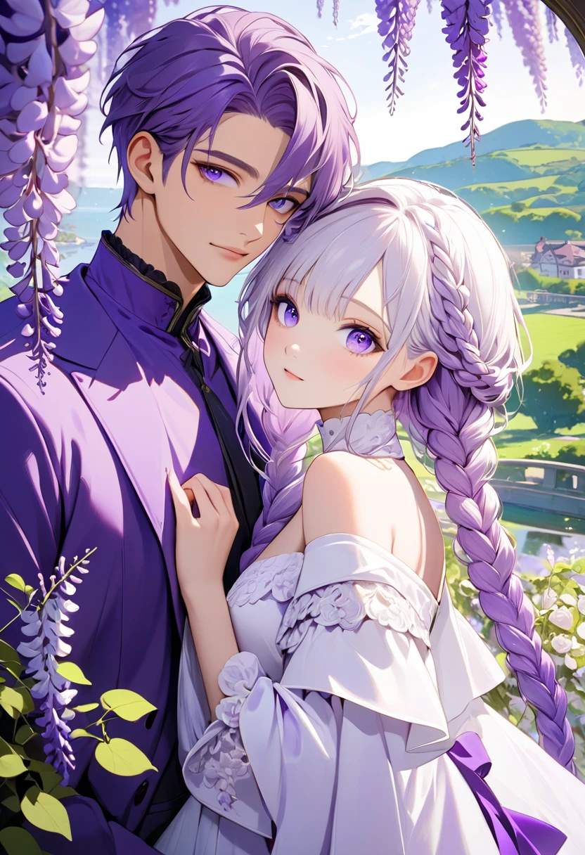 (masterpiece, best quality:1.2), handsome boy and beautiful girl，Purple Eyes，Bright Eyes，Eye details，White hair - 2 long - purple braids，High Neck Off Shoulder Dress，Purple lavender，Wisteria rose：1.5，Beautiful scenery，Fluorescent purple and fluorescent green
