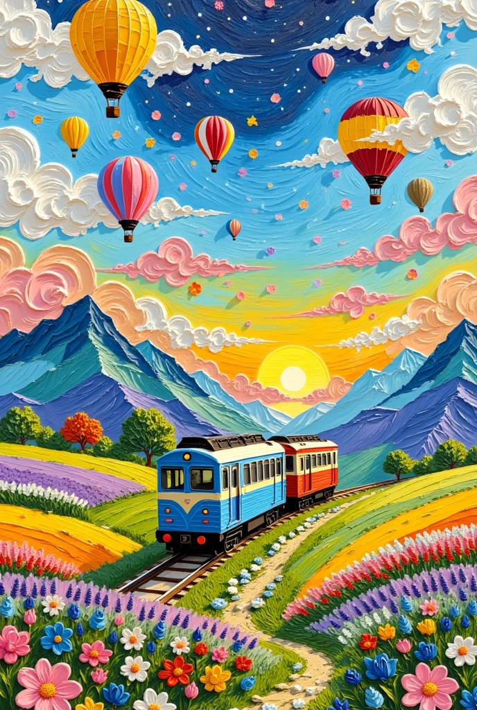 painting of a train traveling through a  Colourful  landscape with hot air balloons, magic world.  Colourful , Wonderful fantasy landscape art ,  Colourful  dream, 充满活力的水粉画风景, Detailed Dreams,  Colourful  scene, Fantasy Art,  Colourful  painting, 受 Tomokazu Matsuyama 启发,  Colourful  art,  Colourful  landscape painting, Fairy tale painting,  Colourful  oil painting, Magical realist painting, Foam Landscape