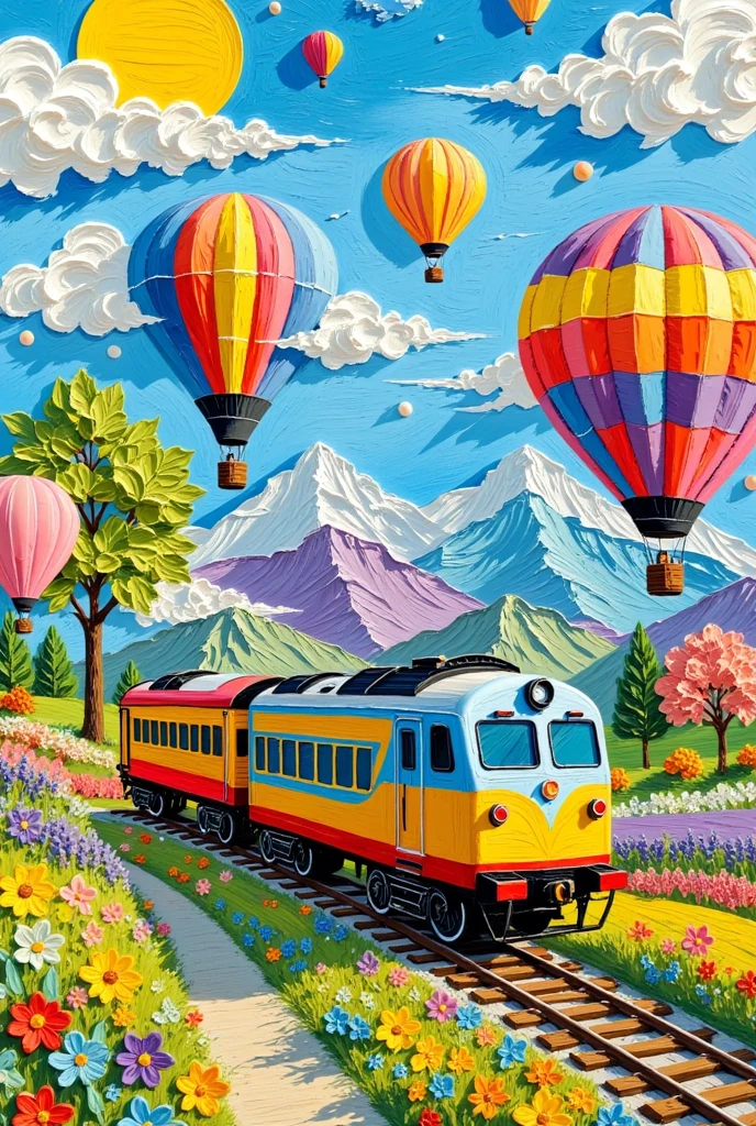 painting of a train traveling through a  Colourful  landscape with hot air balloons, This is an ultra-detailed painting ，Inspired by Matsuyama Tomokazu ,  CG Association Contest inspired by Cao Buxing, Simple Art, magic world.  Colourful , Wonderful fantasy landscape art ,  Colourful  dream, 充满活力的水粉画风景, Detailed Dreams,  Colourful  scene, Fantasy Art,  Colourful  painting,  Colourful  art, Fairy tale painting