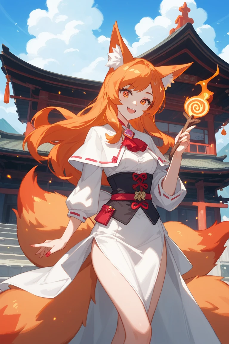  A female kitsune, wearing a white dress and a long light pink elegant magician's tunic, a kind smile, with orange hair and golden glitter eyes. holding a thin wooden stick which has a small spiral pattern on it. Standing in front of an old Japanese castle with a school aesthetic. With a volcano in the background. Soft anime style. 