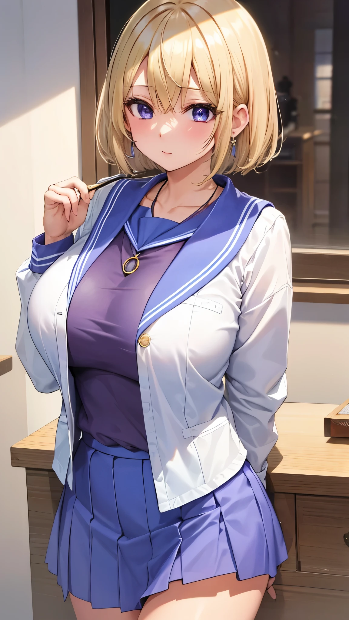 Umino Yuki 、 masterpiece ,  best quality、  best quality,(8k resolution),Beauty、(  looks like an adult), （  Sexy Perfect Style  ）、( Big Breasts )、  blonde bob cut、(White and blue sailor suit)、(  blue skirt)、(( Bring your chest closer ))、  purple eyes、 purple earrings 、Purple Necklace