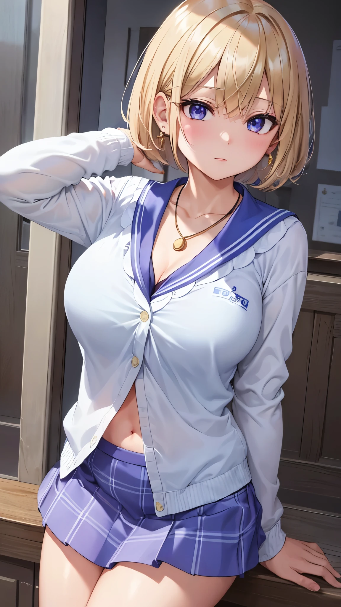 Umino Yuki 、 masterpiece ,  best quality、  best quality,(8k resolution),Beauty、(  looks like an adult), （  Sexy Perfect Style  ）、( Big Breasts )、  blonde bob cut、(White and blue sailor suit)、(  blue skirt)、(( Bring your chest closer ))、  purple eyes、 purple earrings 、Purple Necklace