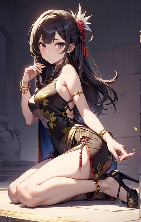 best qualityer,tmasterpiece,Ultimate resolution,downy,Extremely colorful,Cheongsam beauty,Female slaves,Sex slaves,on cheongsam,Kneeling pose,(Point at you with your ass),Collar,Anklets,high-heels,high-heels,Correct posture