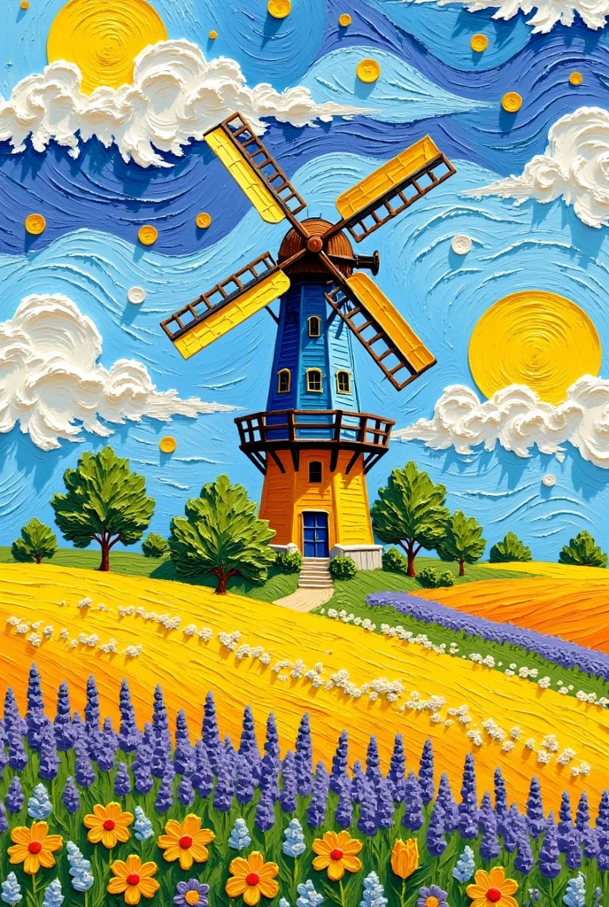 a painting of a windgrind in a field of flowers, windgrind, in Van Gogh style,  by Vincent van Gogh , Van Gogh's artistic style, Inspired by Van Gogh , Van Gogh style, vincent Van Gogh style, windgrinds,  Inspired by Vincent Di Fate, Van Gogh paintings, Van Gogh style, Detailed oil painting,  Inspired by Vincent Pepi  (Vincent Pepi) Inspiration, grind